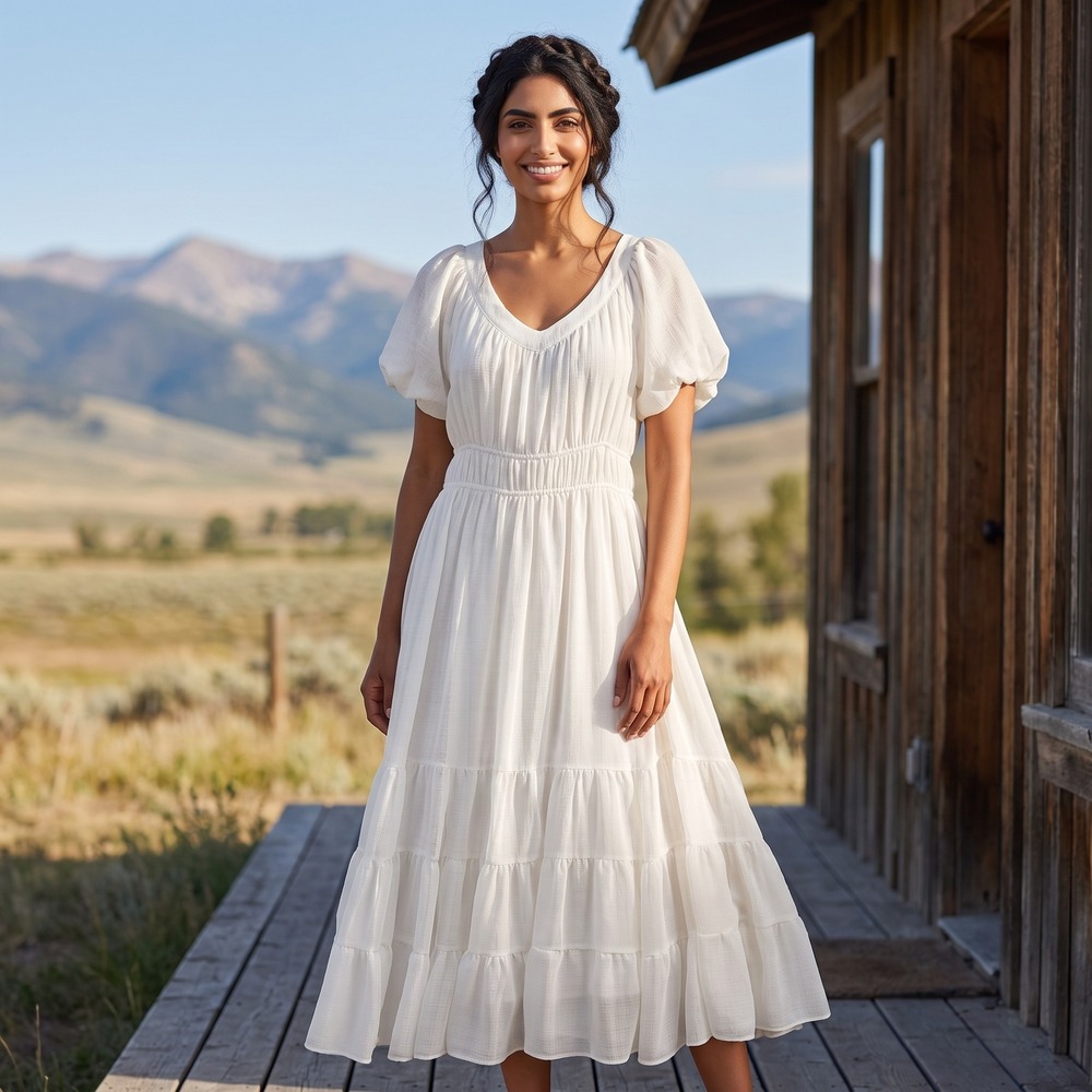 ASTR the Label Midi Dress Womens Medium White Cottagecore Puff Sleeve Tiered